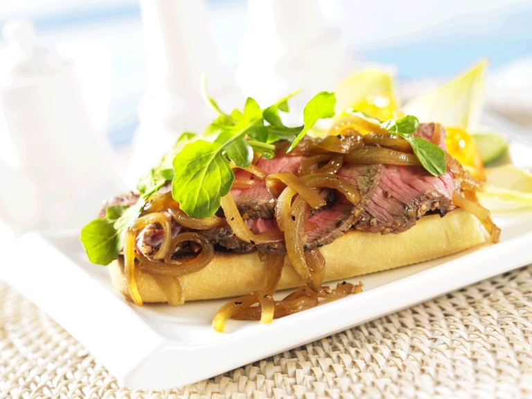 Grilled Beef Steak Sandwich with Melted Onions