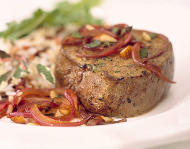 Mustard Beef Medallions with Sage Onion Compote