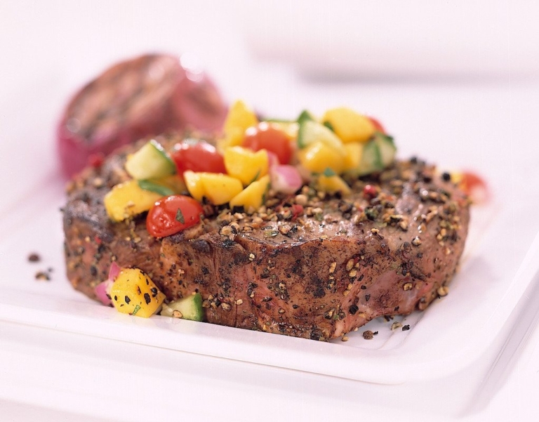 Peppered Beef Steaks with Caramelized Onions & Fruit Salsa