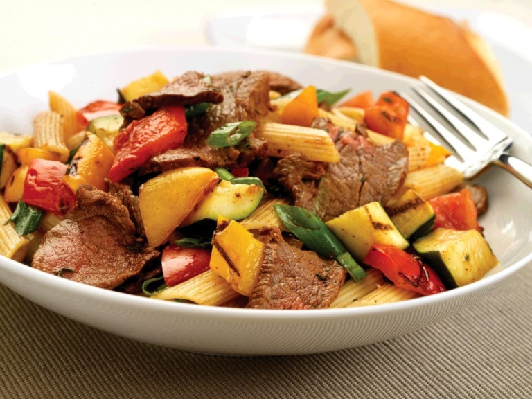 Spicy Beef with Grilled Mediterranean Vegetables and Penne