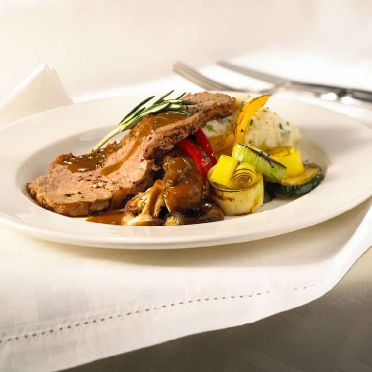 Strip Loin Roast Beef with Rosemary Wild Mushroom Sauce