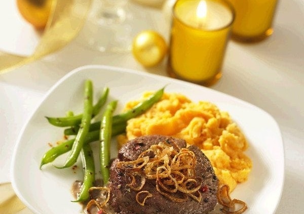 Beef Tenderloins with Peppercorn Sauce and Crispy Shallots