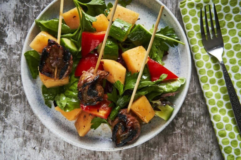 Beef “Lollipops” with Cantaloupe Salad