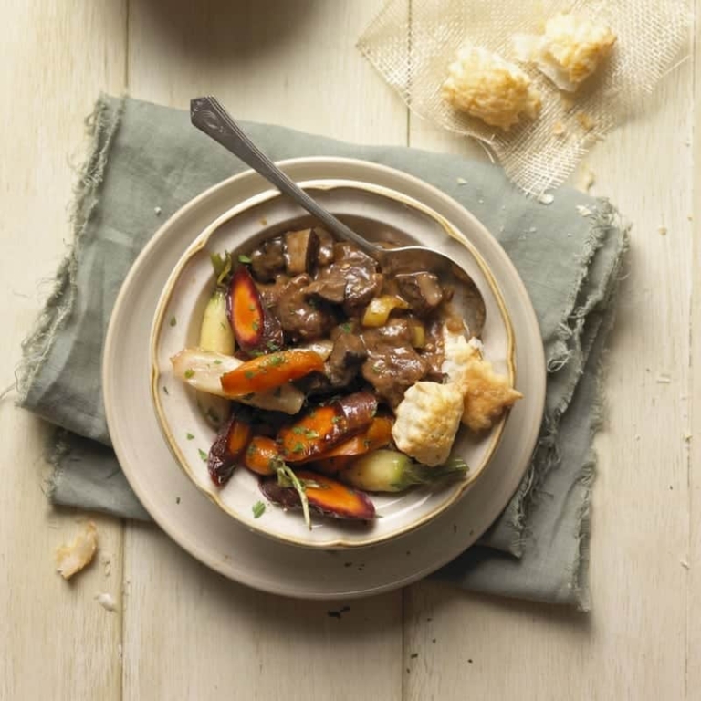 Beef and Mushroom Stew with Glazed Carrots and Puffed Pastry Crouton
