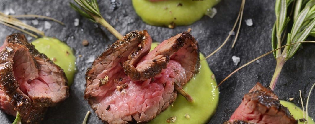 Juniper Berry and Rosemary Petite Tender Beef Roast with Pea Purée