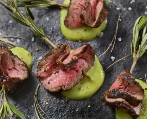Juniper Berry and Rosemary Petite Tender Beef Roast with Pea Purée