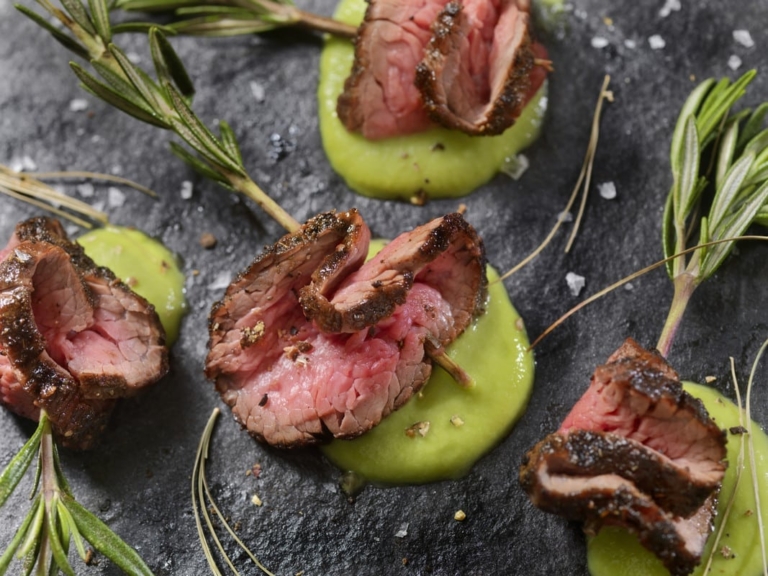 Juniper Berry and Rosemary Petite Tender Beef Roast with Pea Purée