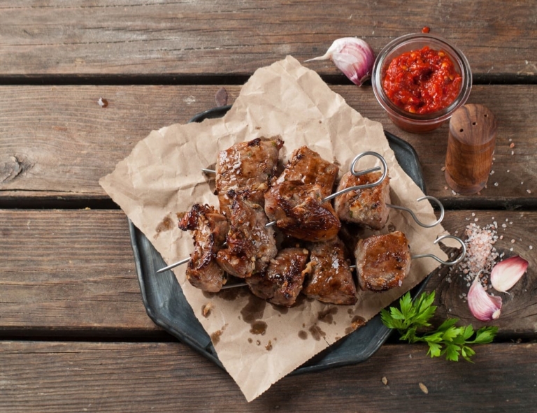 Mediterranean Beef Brochettes with Greek Tostada Bites