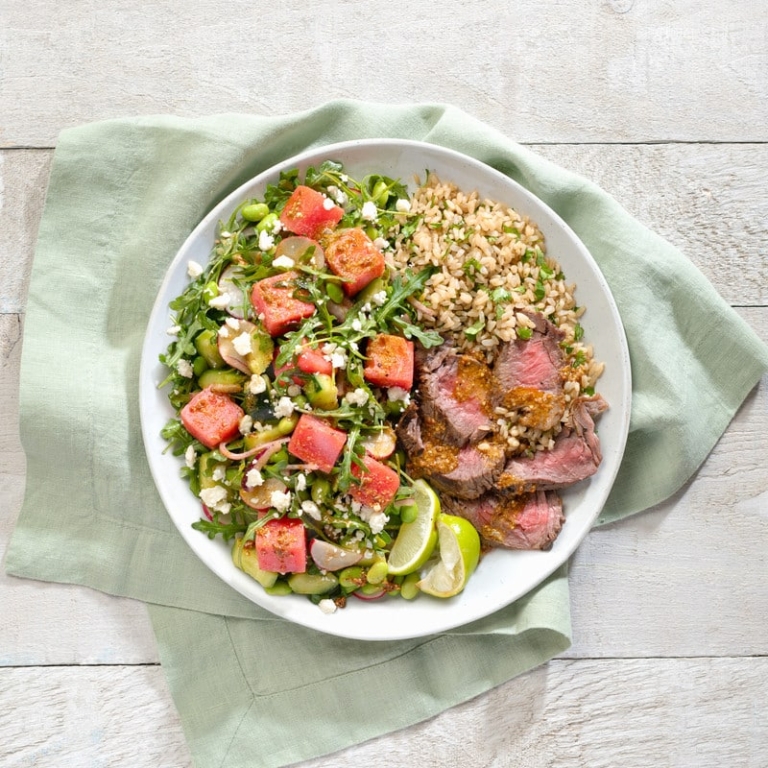 Chili Lime Steak with Cilantro Rice and Watermelon Salad