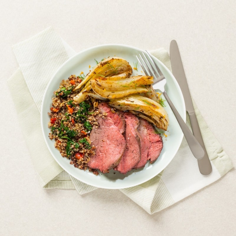 Orange Balsamic Roast Beef with Herbed Quinoa Pilaf and Roasted Fennel