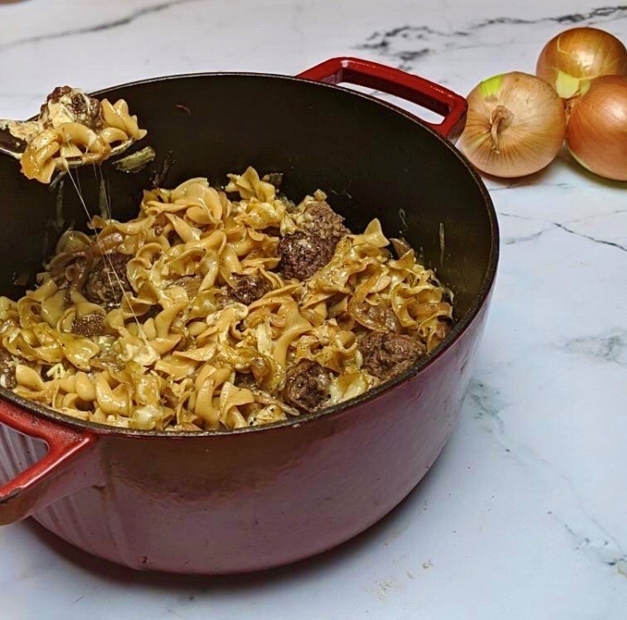 One Pot French Onion Meatballs with Egg Noodles Canadian Beef