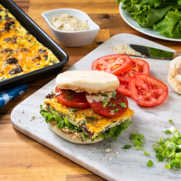 Big Batch Beef and Cheddar Sheet Pan Omelette