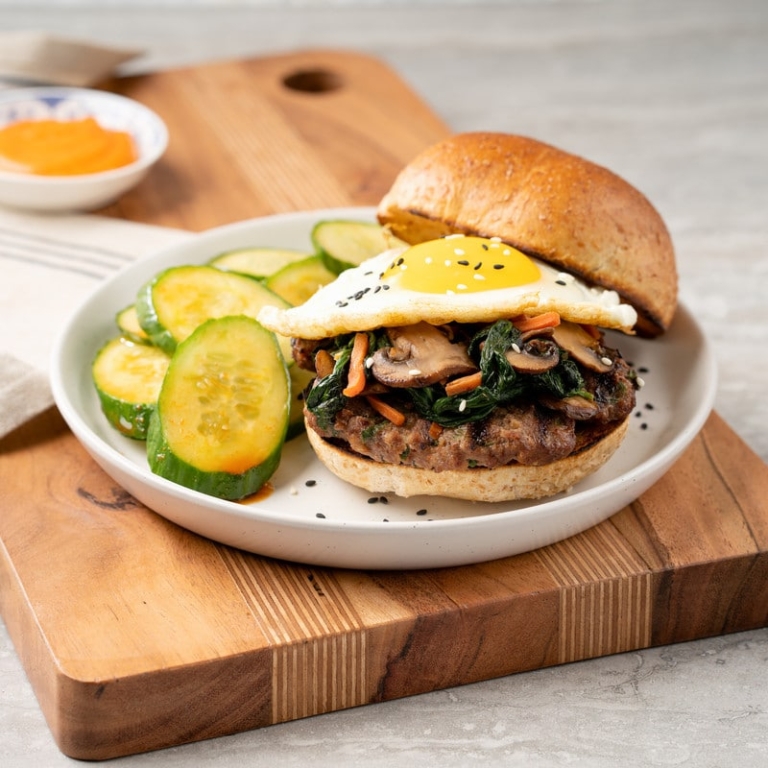 Korean Bibimbap Burger with Cucumber Salad
