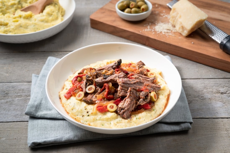 Slow Cooked Beef with Roasted Peppers and Herb Polenta