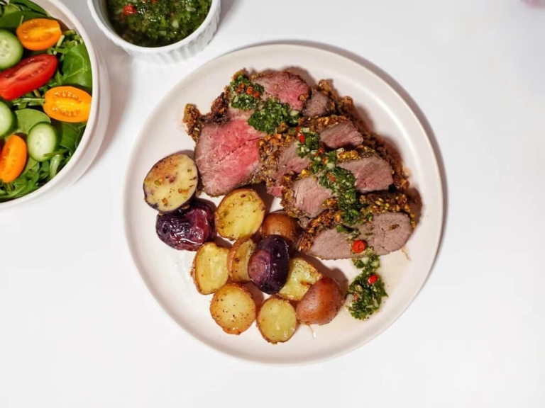 Pistachio-crusted Beef Tenderloin with Chimichurri Sauce