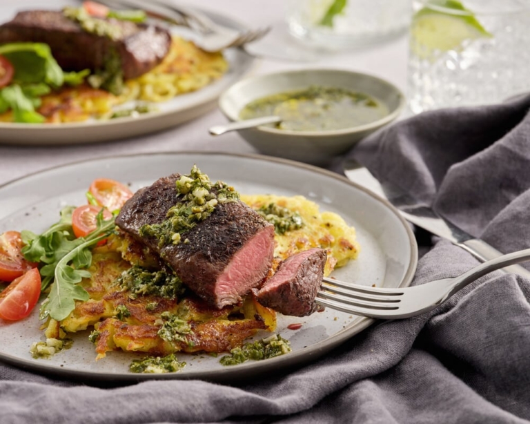 Seared Steak and Potato Pancake with Salsa Verde