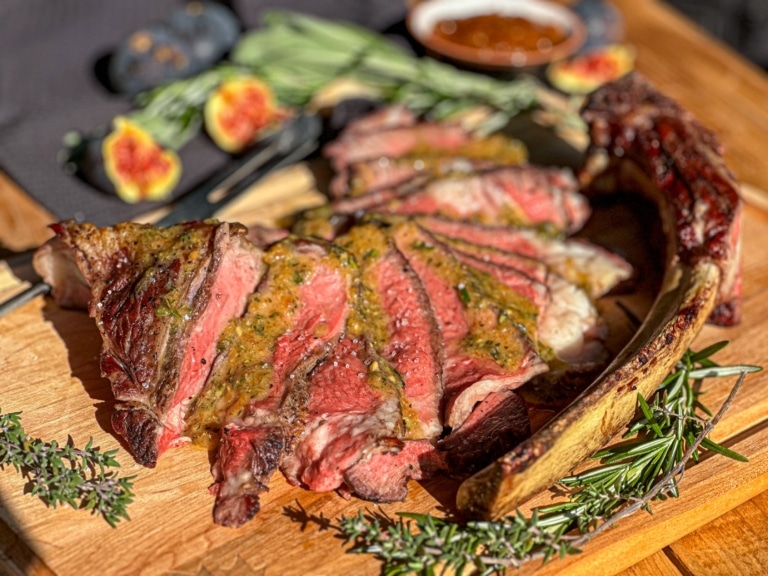 Reverse-Seared Tomahawk Steak with Fig and Fresh Herb Board Sauce