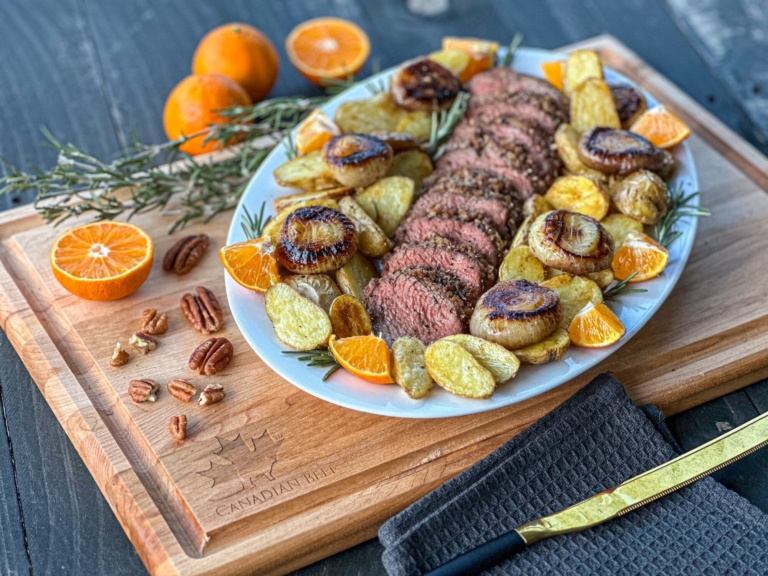 Spiced Pecan-Crusted Petite Tender Beef Roast with Fingerlings and Cipollini Onions