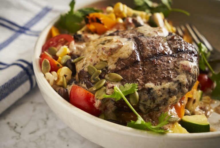Grilled Veggie and Ground Beef Burger Bowl
