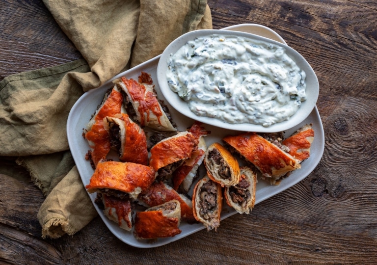 Phyllo Beef Wellington Bites with Warm Spinach Dip